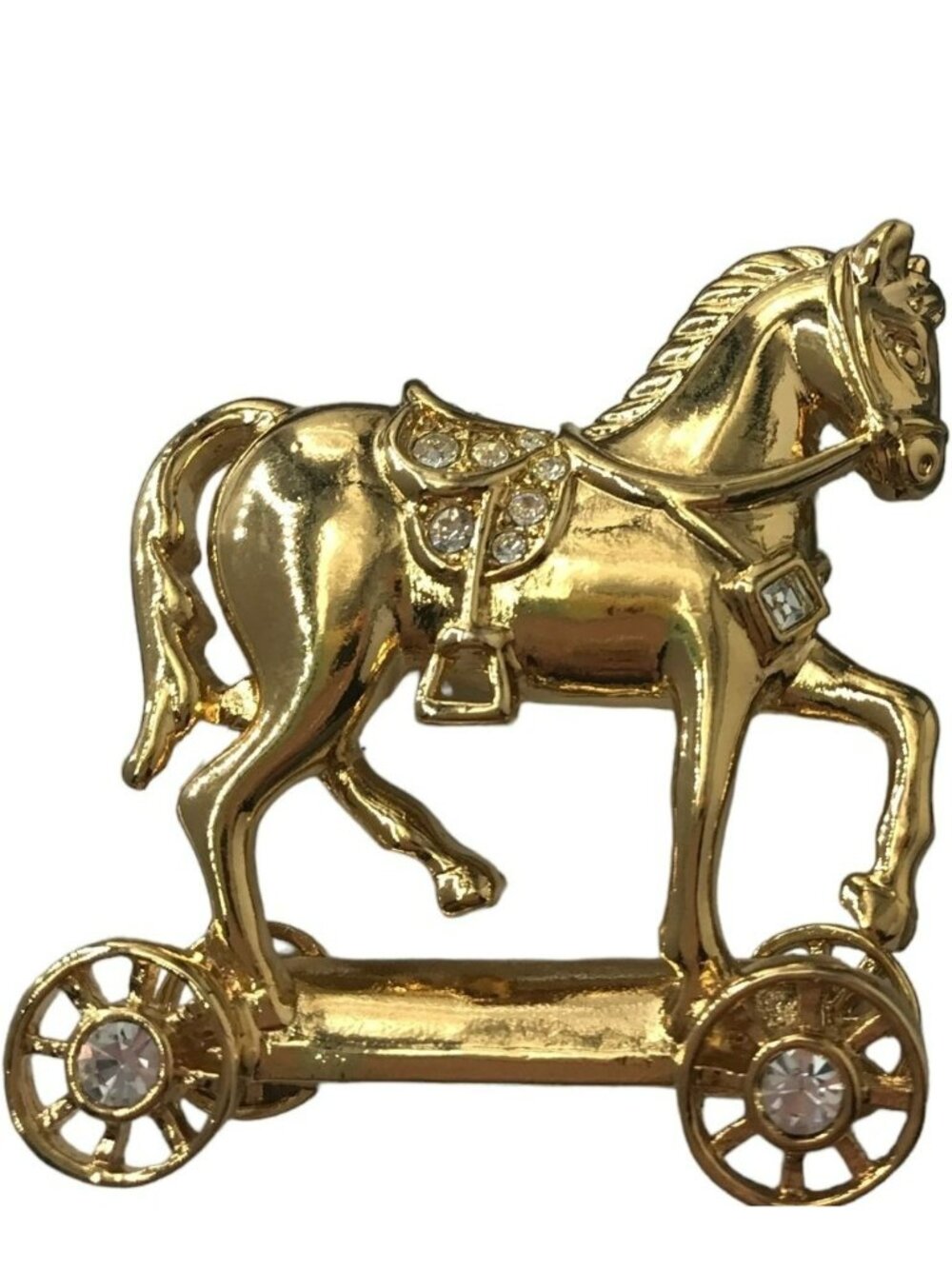 Avon Smithsonian Gold Tone Clear Rhinestone Articulated Wheels Horse Brooch M37